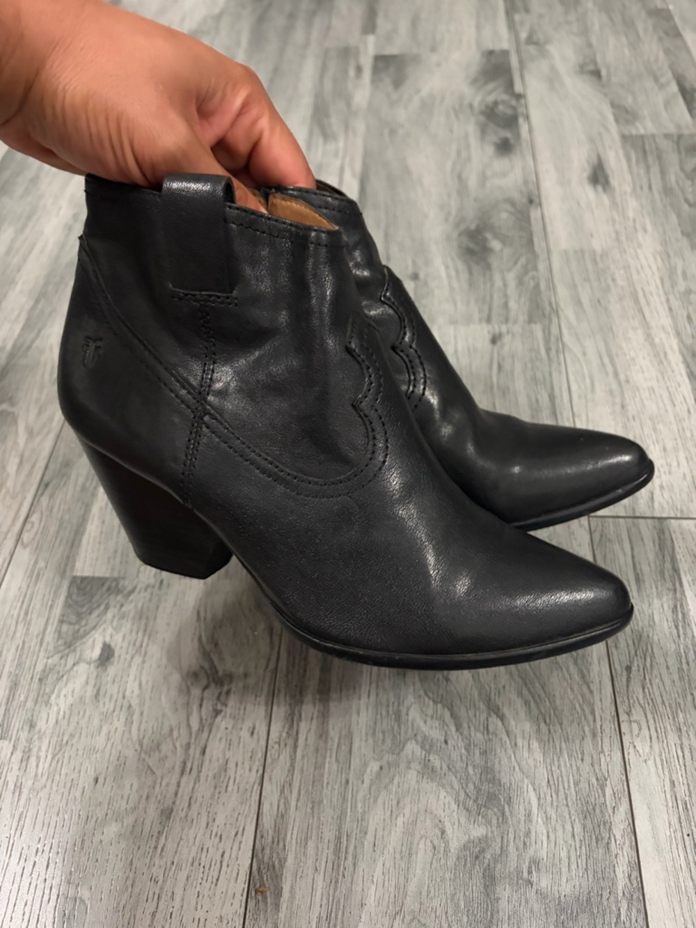 Frye Reina Black Leather Pointed Toe Ankle Booties